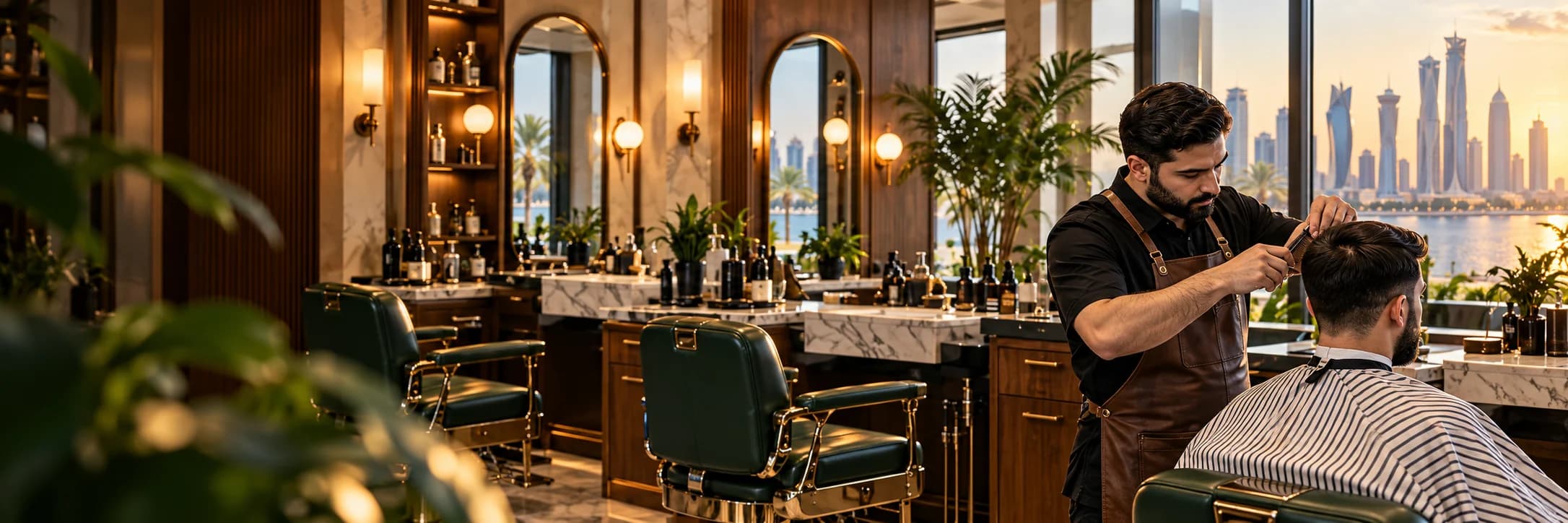 Professional barber cutting a client’s hair in an elegant Doha barbershop